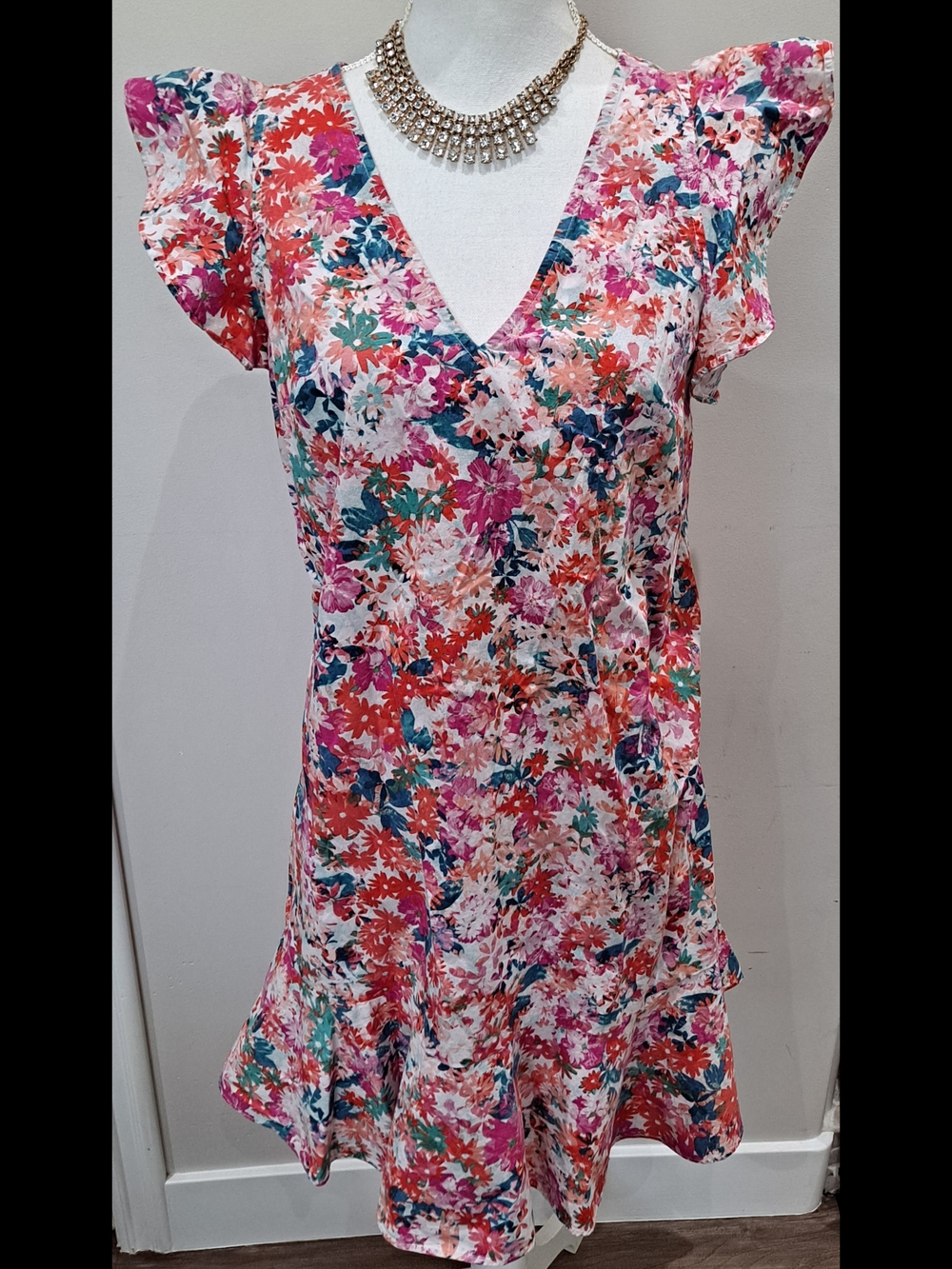 J. Crew Multi-Color Floral V-Neck Flutter Sleeve Dress